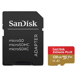 SDXC SANDISK MICRO 128GB EXTREME PLUS, 200/90MB/s, A2, UHS-I, V30, U3, C10, adattatore - SDSQXBD-128G-GN6MA